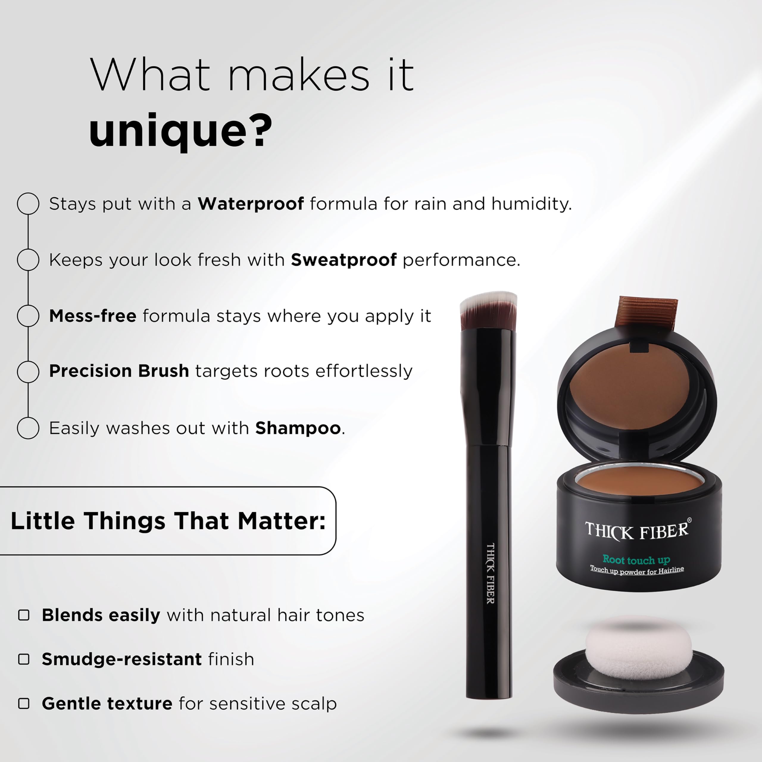 THICK FIBER Root Touch Up Set - Hairline Concealer for Thin and Thinning Hair, Water & Sweat Resistant, with Brush (Medium Golden Brown)