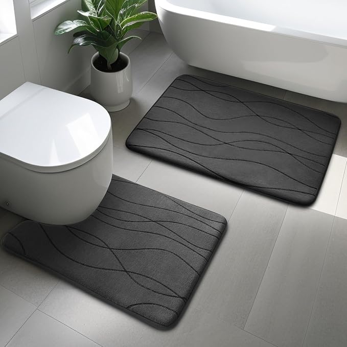YIHOUSE Bathroom Rugs Set 2 Piece, Memory Foam Bath Mat Dark Grey