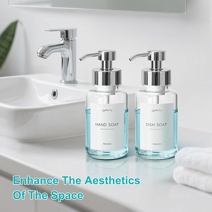 RACOBOT Foaming Soap Dispenser, 14.1 oz/400ml Foaming Hand Soap Dispenser, 2 Pack Glass Foaming Dispenser for Bathroom & Kitchen, Clear Refillable Liquid Dispenser Bottle with Waterproof Labels