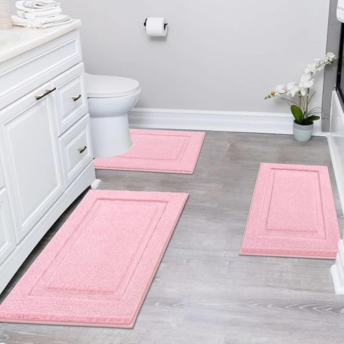 SHACOS Pink Bathroom Rugs Sets 3 Piece Bath Mat U Shaped Toilet Rug