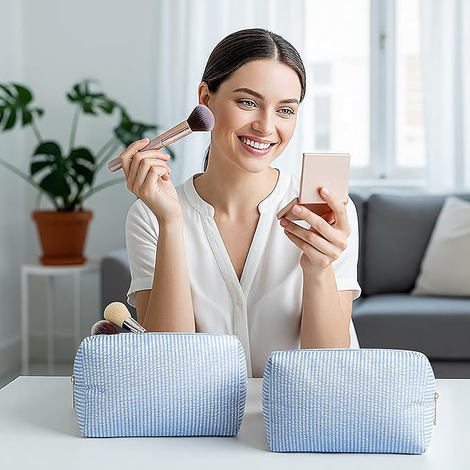 Sanwuta 6 Pcs Seersucker Cosmetic Bags Bulk Seersucker Makeup Bags Stripe Women Pouch Large Preppy Storage Pouch Toiletry Travel for Wedding Bridesmaid Bride Favor Back to Teacher Gift (Light Blue)
