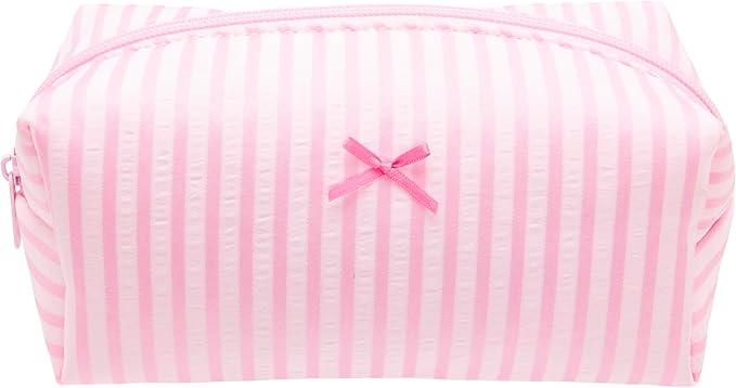 PAZIMIIK Cozy Makeup Bag for Women,Zipper Cosmetic Pouch,Stripe Cute Pink