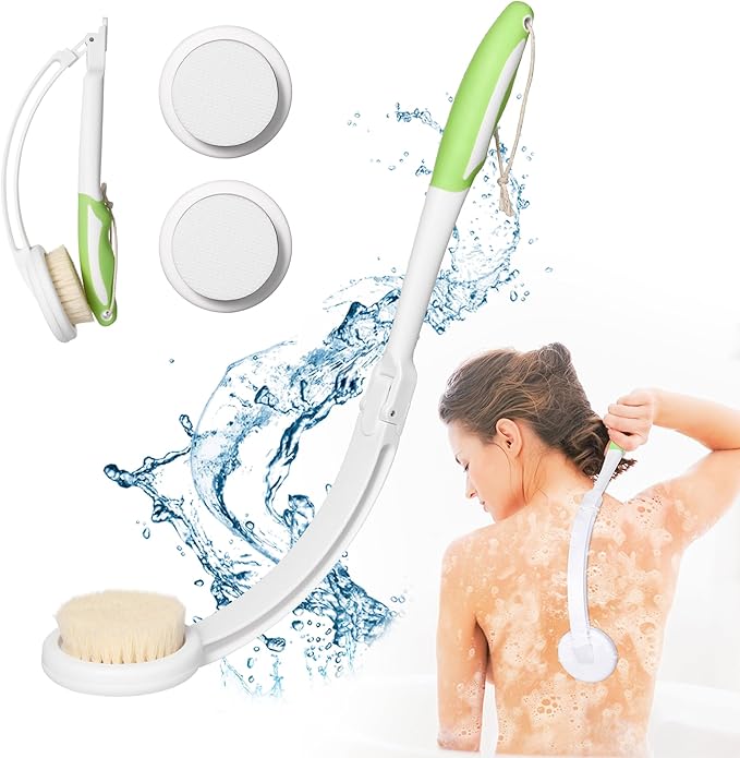 Fanwer 3 in 1 Lotion Applicator for Back Self Elderly & Back Bath Brush for Shower for Men and Women with Long Handle, 18.9in Curved Long Handled Shower Body Brush, Back Scrubber for Shower