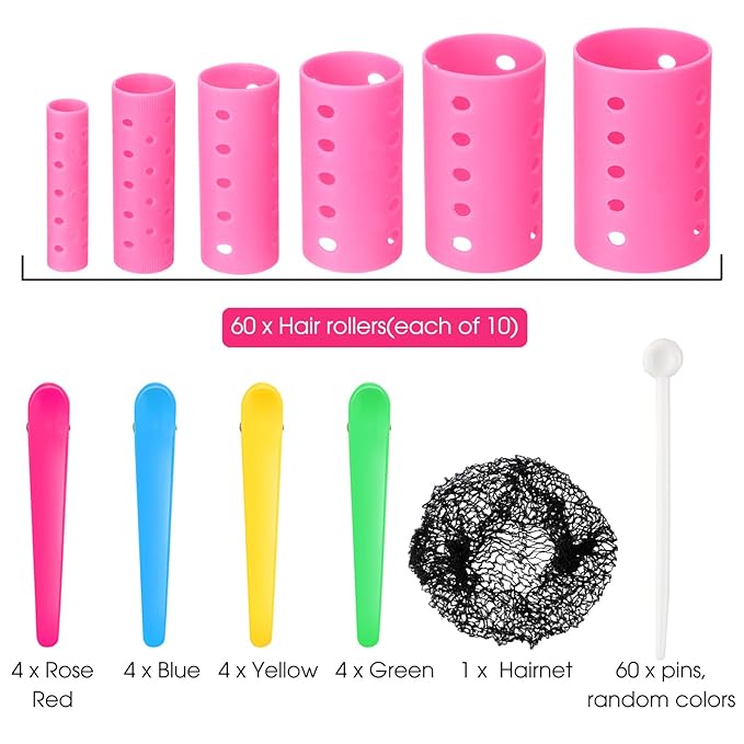 141 Pieces Hair Rollers Set Include 60 Plastic Hair Rollers (Pink,6 Size)