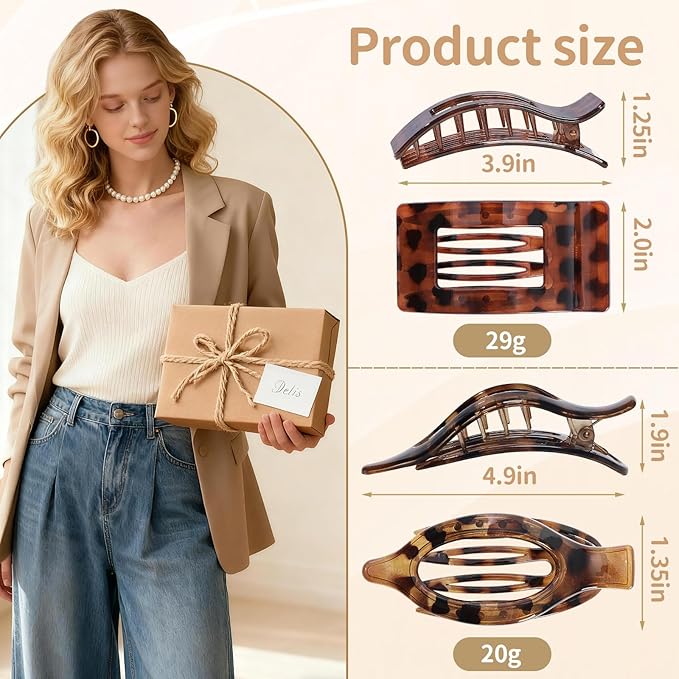 8Pcs French Flat Hair Clips for Women 2 Styles Claw Clips for Girls Matte Flat Hair Claw Clips for Thin and Thick Hair Large Non-slip Strong Hold Hair Accessories for Women (Tortoise)
