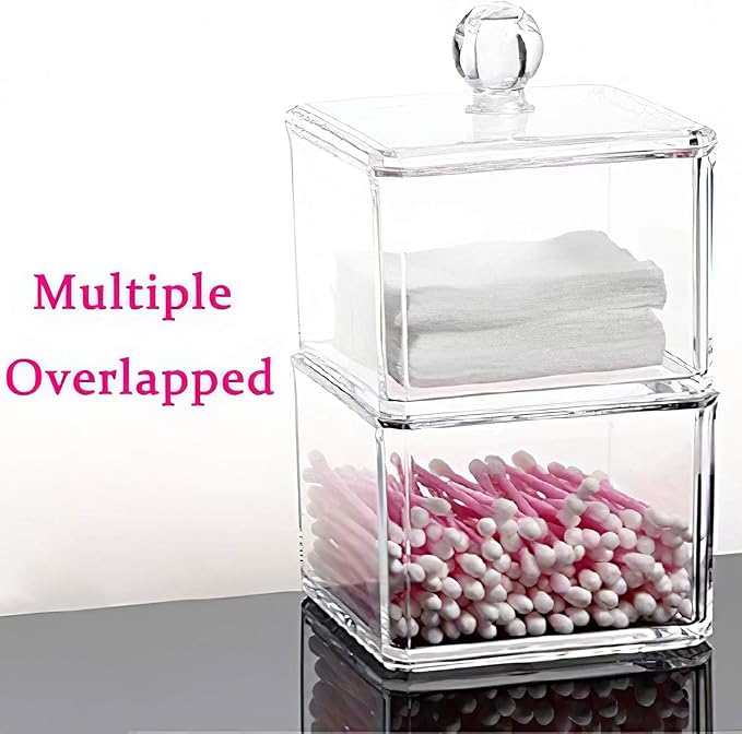UShioart Stackable Square Acrylic Cotton Ball Holder Q-tip Holder Bathroom Swab Dispenser (Single pack)