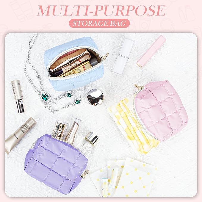 Playexen Puffy Mini Makeup Bag, Cute Quilted Small Cosmetic Bag for Purse, Portable Travel Makeup Pouch for Lipsticks, Chapsticks, Earphone, Credit Card, Birthday/Wedding/Christmas Gifts (Rose Red)