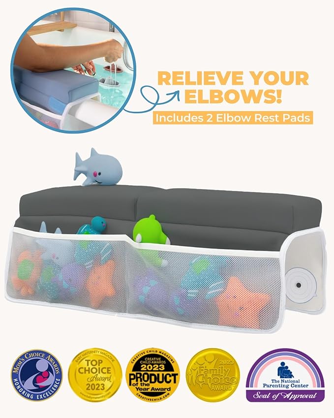 Comfortable Baby Bath Kneeler and Elbow Rest Pad Set – Thick Memory Foam Bath Kneeling Pad with Elbow Support – Baby Bathtub Cushion with Toy Organizer for Bathing Infant or Toddler - Dark Grey