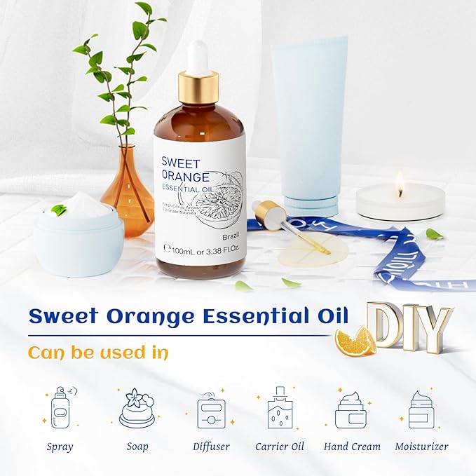 HIQILI Sweet Orange Essential Oil for Skin Care & Diffusers