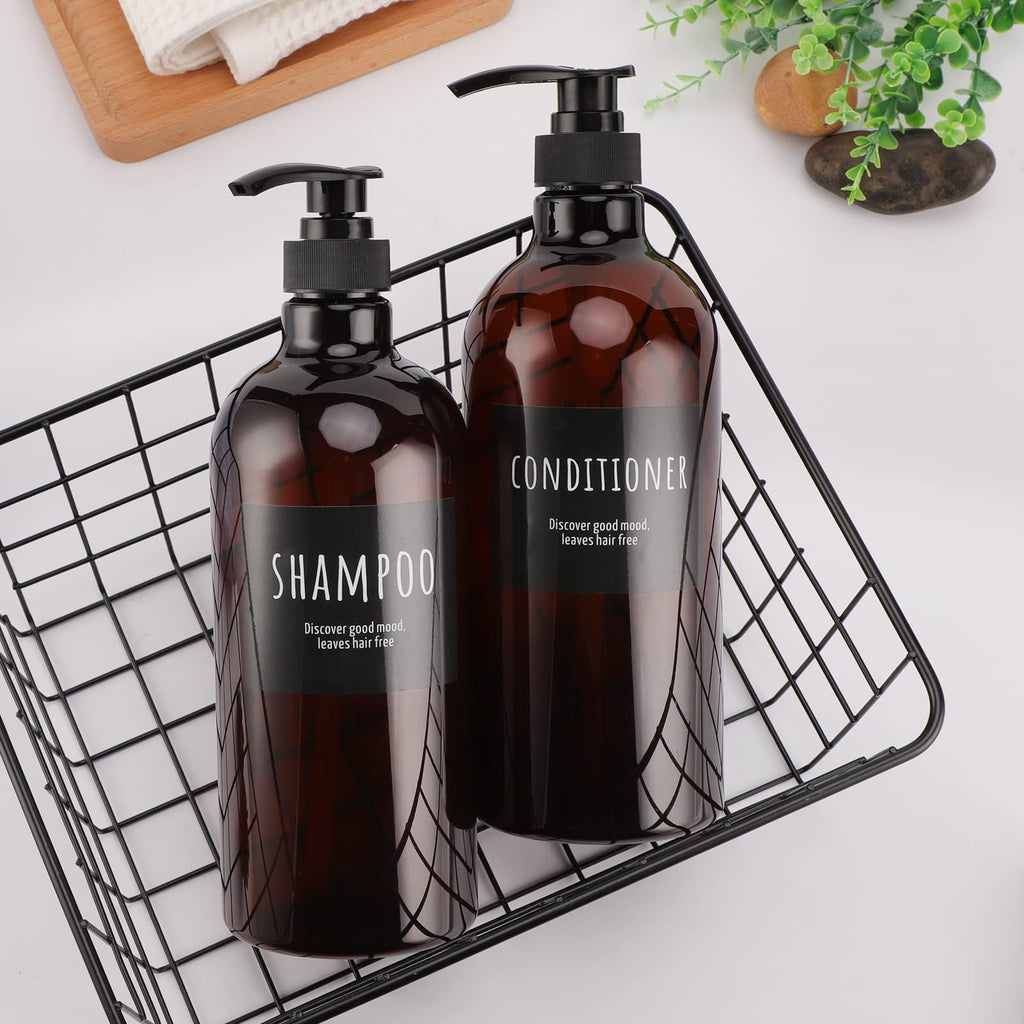 Empty Plastic Bottles with Labels, Segbeauty 33.8oz Large Brown Shampoo Conditioner Reusable Dispenser, 2 Packs of 1000ml Refillable Shower Lotion Pump Press Bottles for Bathroom Hand Soap Body Wash