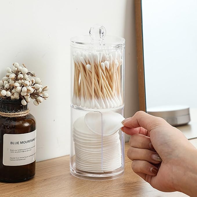 AkoSlale 10oz Cotton Round Holder with Lid - Clear Plastic Cotton Pad Dispenser for Bathroom Vanity, Shatterproof Countertop Organizer Apothecary Jar for Makeup Remover Pads & Skincare Routine