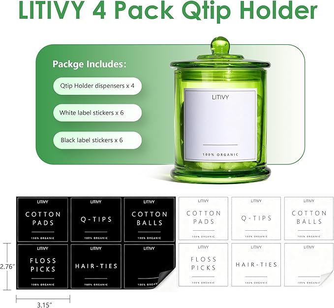 4 Pack Bathroom Organizers and Storage - 16 Oz Glass Qtip Holder & Cotton Pad Dispenser with Lid, Apothecary Jars for Home, Room Decor, Kitchen Organizer (Green)