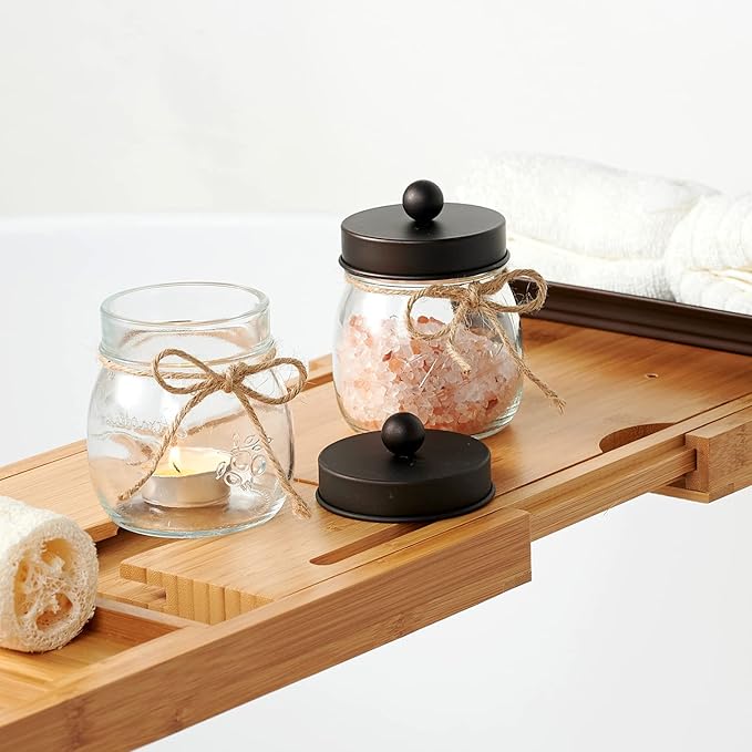SheeChung 2 Pack Small Mason Jars Qtip Holders, Bathroom Shelf Decor, Guest Bathroom Decor for Cotton Balls, Floss Pick, Cotton Round Pads - Bronze