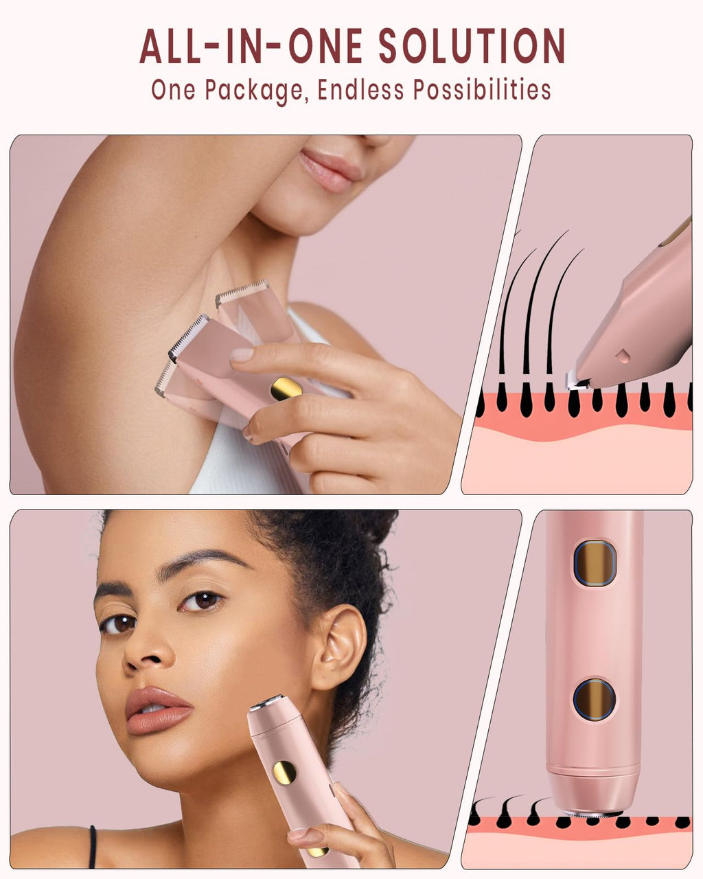 2-in-1 Bikini Trimmer for Women, IPX7 Waterproof Electric Shaver, Body Hair Trimmer & Electric Razor for Face, Lips, Pubic Area, Legs, Pink