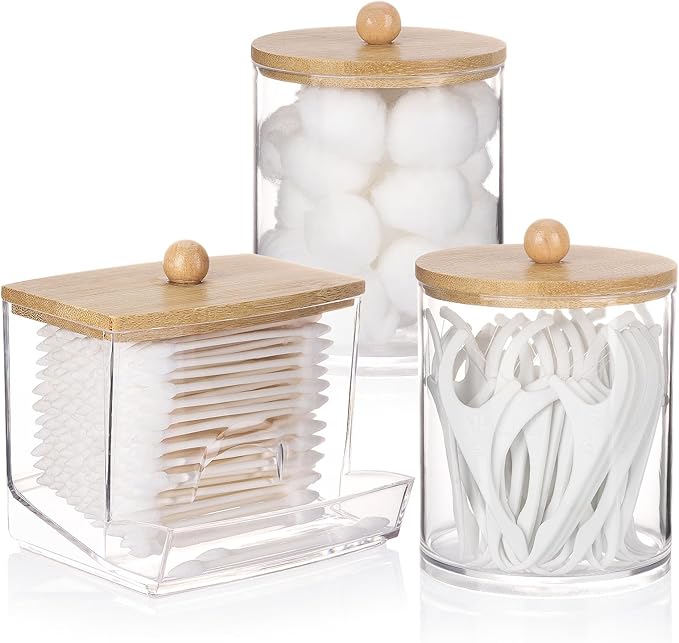 Tbestmax Qtips Dispenser Bathroom Container, Apothecary Jar Organizer for Storage Cotton Swab, Floss Picks (Bamboo Lids)