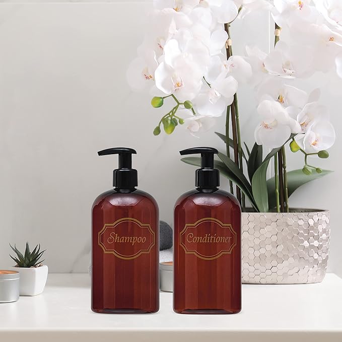 Bottiful Home 16 oz Plastic Shampoo Conditioner Dispensers (Amber)