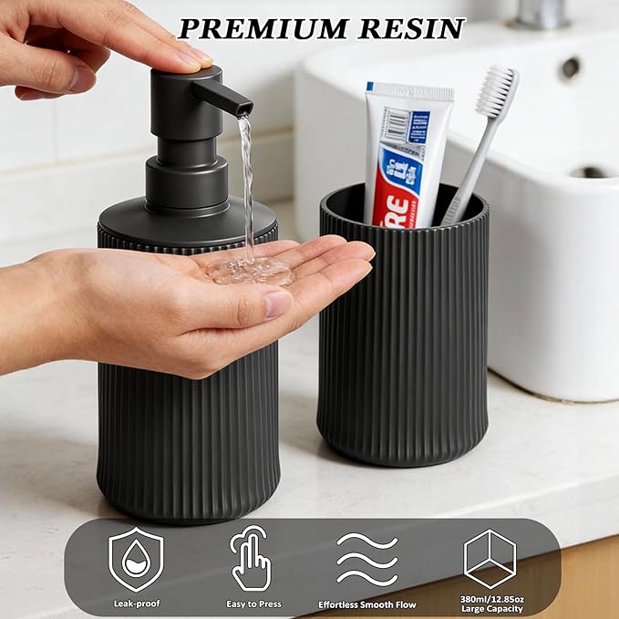 Fooguila Bathroom Set Accessories, Black Soap Dispenser and Toothbrush Holder Complete 2 Piece Plastic Hand Dish Soap Counter Set for Modern Decor