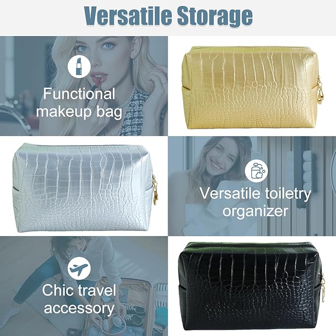 YUDEYG Makeup Bag for Purse, Compact Toiletry Pouch, Crocodile-Embossed Cosmetic Travel Bag, Small Makeup Pouch, Unisex Toiletry Travel Bag