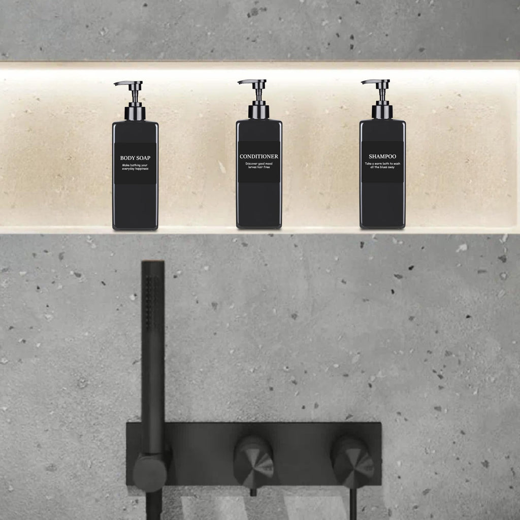 Refillable Shampoo and Conditioner Dispenser Plastic Shampoo Pump Bottles Set for Bathroom with Waterproof Labels