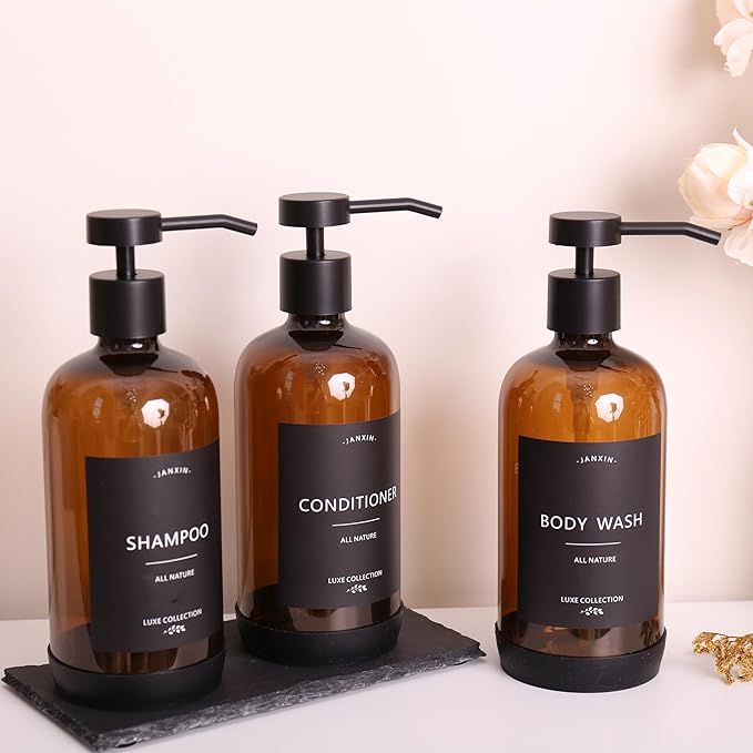 Janxin Shampoo and Conditioner Dispenser Set of 3,Refillable 21oz Shampoo Bottles with Non-Slip Protective Silicone Pad,Shower Soap Dispenser with Waterproof Labels for Bathroom (Amber)