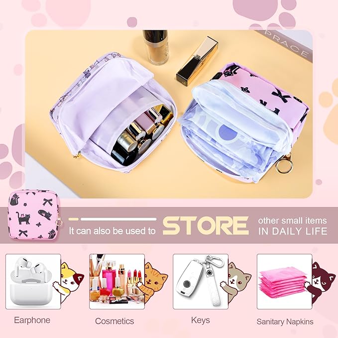 Tampon Holder for Purse, Canvas Period Bag Sanitary Napkin Storage Bag for Girls Womens, Portable Feminine Emergency Pad Period Pouch(Teacup White Cat)