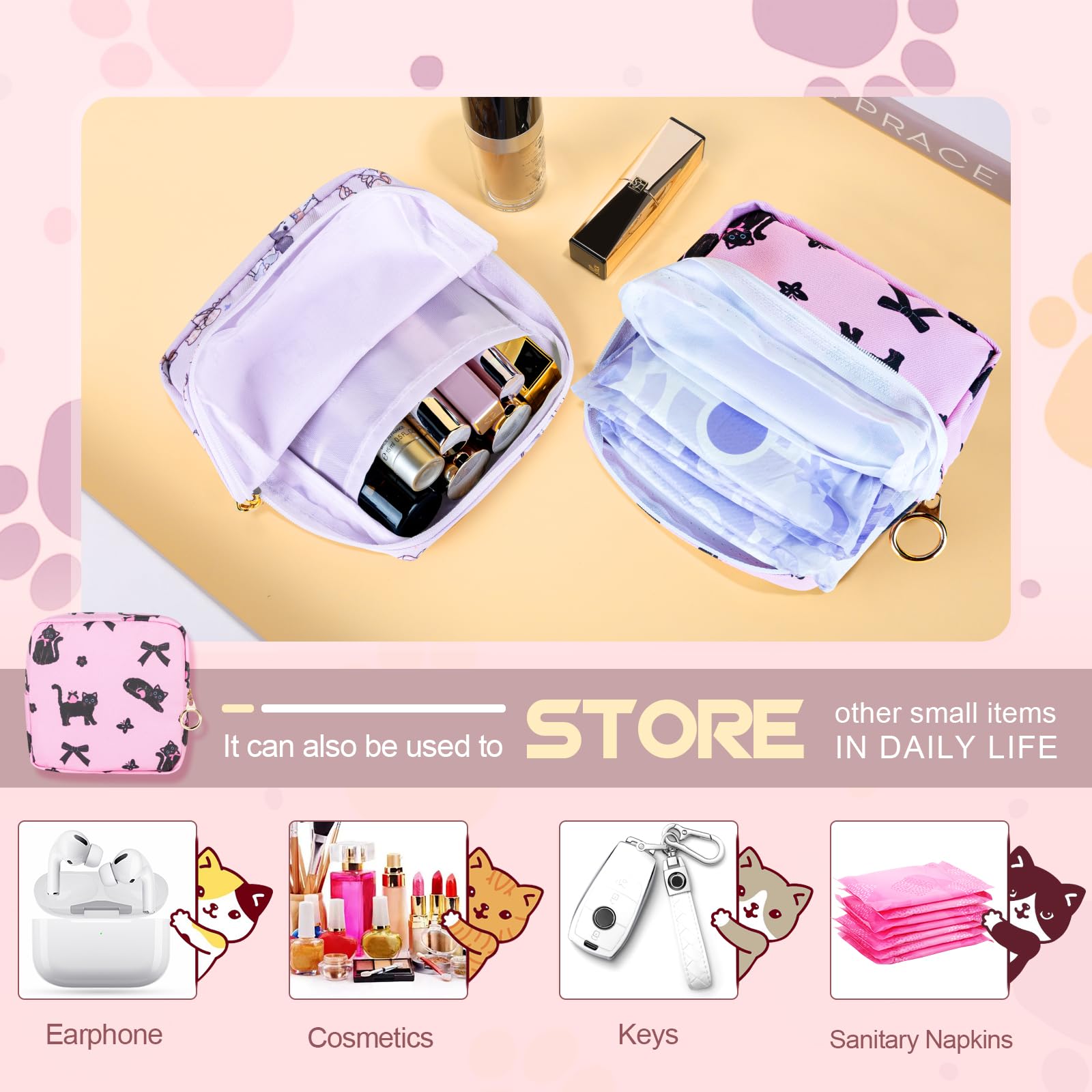 Likesing Tampon Holder for Purse, Canvas Period Bag Pouch-Bow-Tie Wink Cat