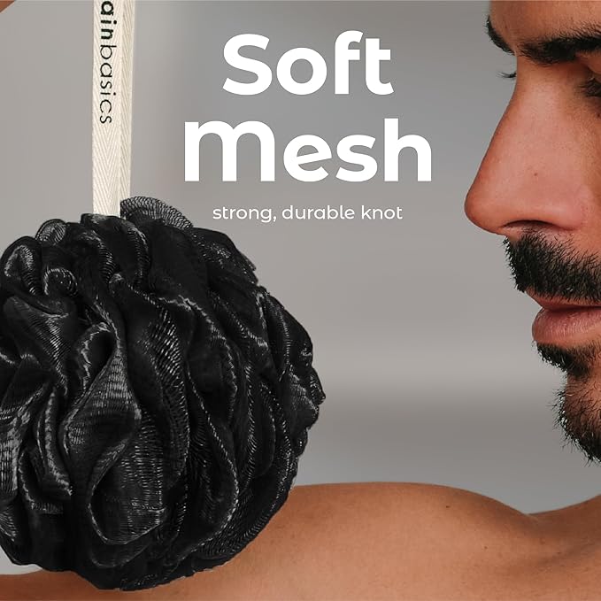 MainBasics Shower Loofah Sponge Pouf, Set of 3, Triple Black