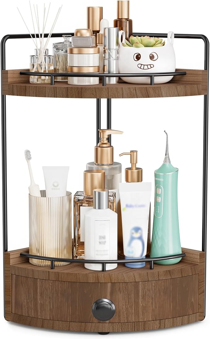 Aollewoiti 2-Tier Corner Bathroom Counter Organizer with Drawer, Dark Brown