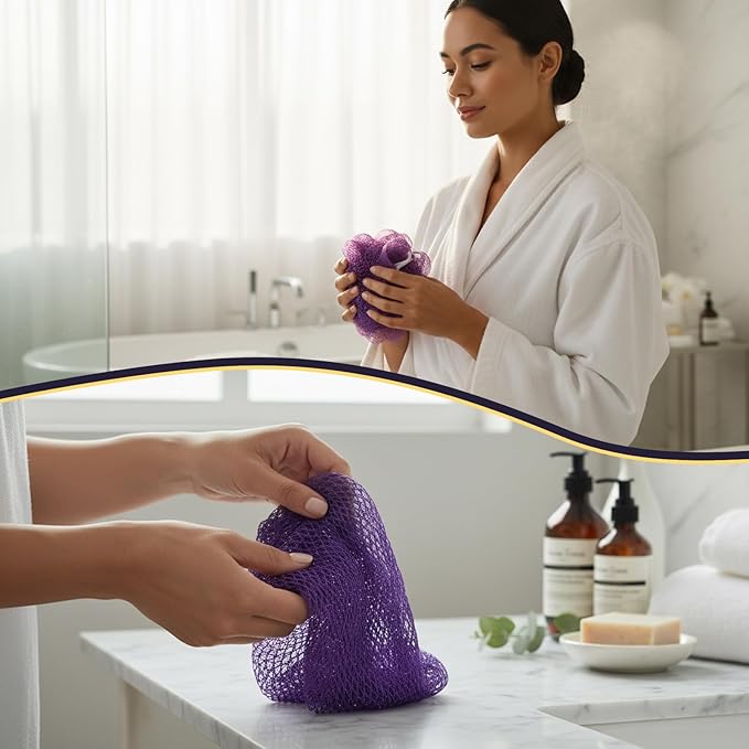 KINGMAS African Net Sponge, Authentic Nylon with Knots, 2 Pieces Exfoliating Body Scrubber Bath Sponge, Back Scrubber Washcloth for Shower, Body Care Bathing (Purple & Pink)