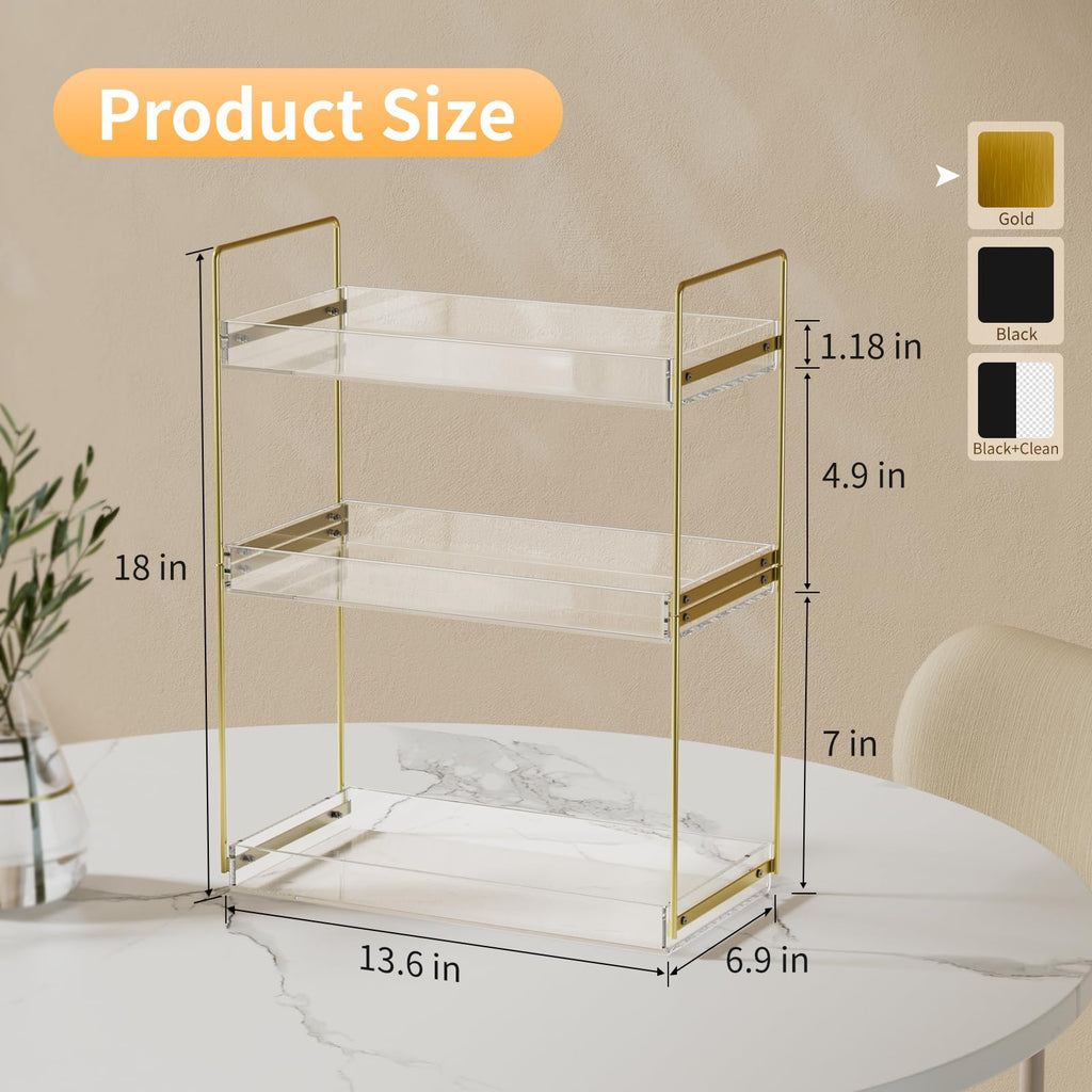Bathroom Countertop Organizer, 3 Tier Acrylic Tray Vanity Counter Skincare Organizer Shelf, Kitchen Under Sink Standing Rack, Home Storage Holder for Lotion Makeup Cosmetics Perfume Spice, Gold
