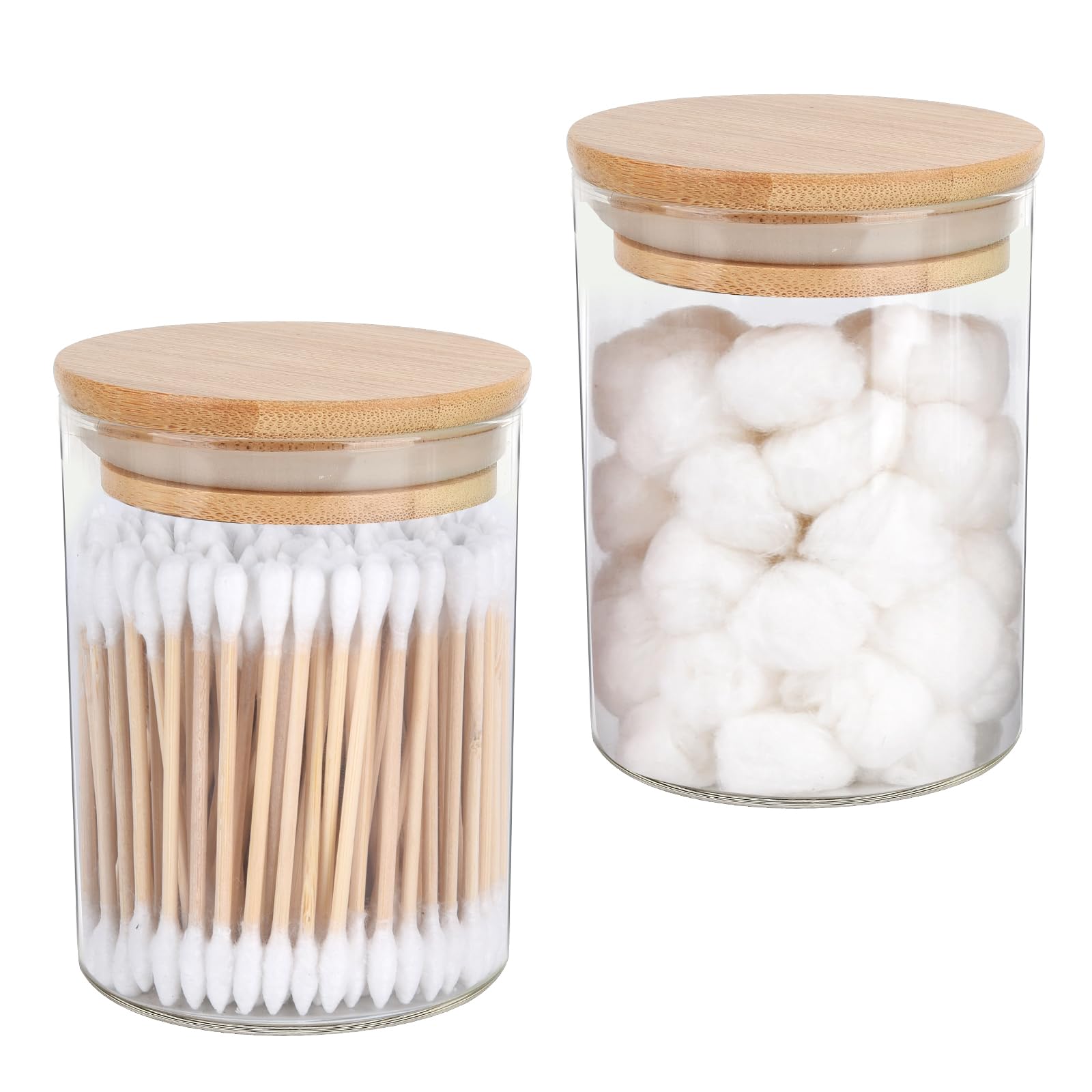 2 Pack Glass Qtip Holder Dispenser Set - Apothecary Jars with Lids for Vanity Makeup Organizer - Bathroom Canister Storage Organizer for Cotton Ball, Swab, Round Pads,Floss