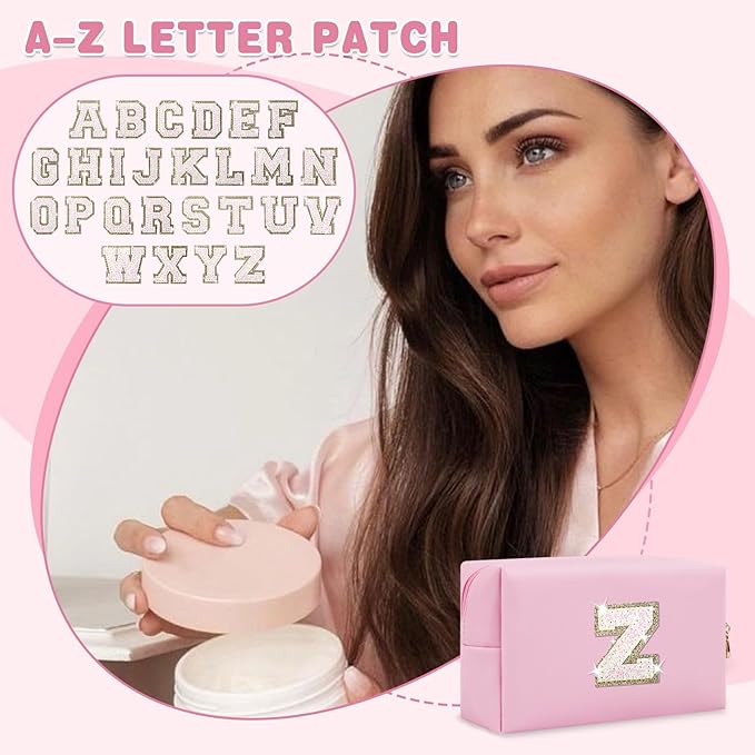 Small Personalized Initial A-Z Patch Makeup Bag,Pink Cute PU Leather Glitter Letter Cosmetic Bag for Teen Girls,Travel Toiletry Bag with Zipper,Preppy Monogrammed Birthday Gift for Daughter Niece Z