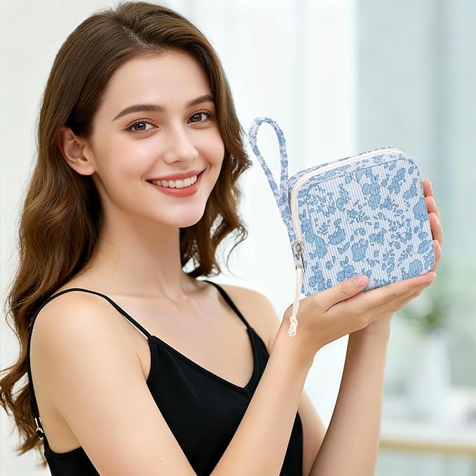 Chicarries Small Makeup Bag | Discreet Period Bag Pad Pouch for Purse| Sanitary Napkin Storage & Tampon Holder for Travel (Flower blue)