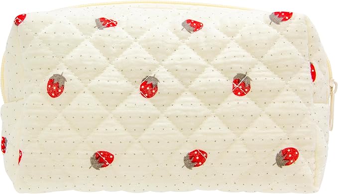 PAZIMIIK Small Quilted Makeup Bag,Zipper Cosmetic Pouch,Gauze Strawberry