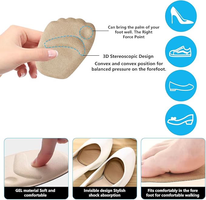 6 Pairs Metatarsal Pads for Women, Forefoot Cushion Inserts for Women Shoes, Non-Sliding Insole Pads for Open Toe Shoes, Ball of Foot Cushions, Shoe Filler, Reduce Foot Slip