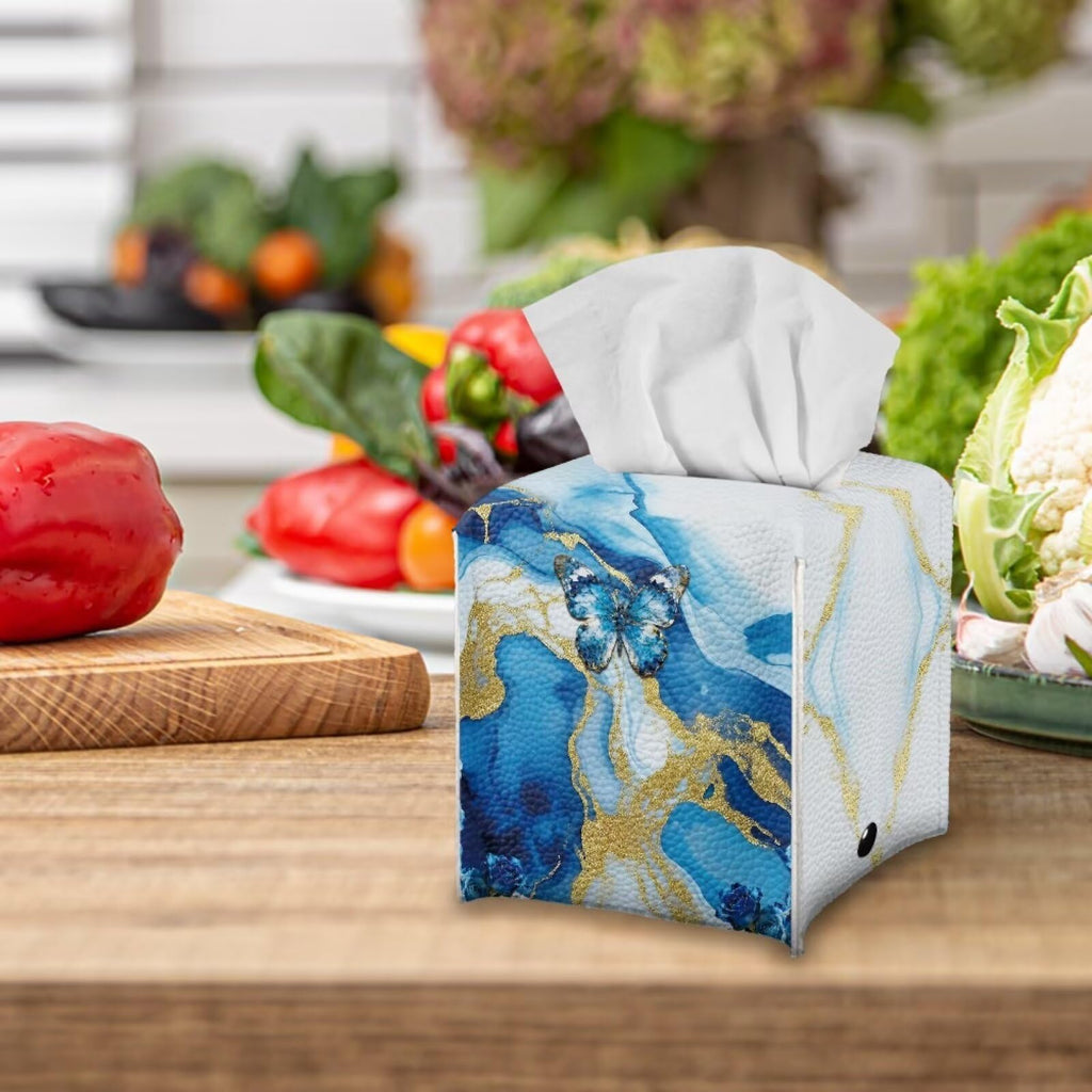 Pzuqiu Blue Marble Butterfly Modern Tissue Box Holder, Waterproof Square PU Leather Napkin Case with Metal Button Closure, Decorative Tissue Cover Organizer for Vanity, Desk, Car, and Living Room