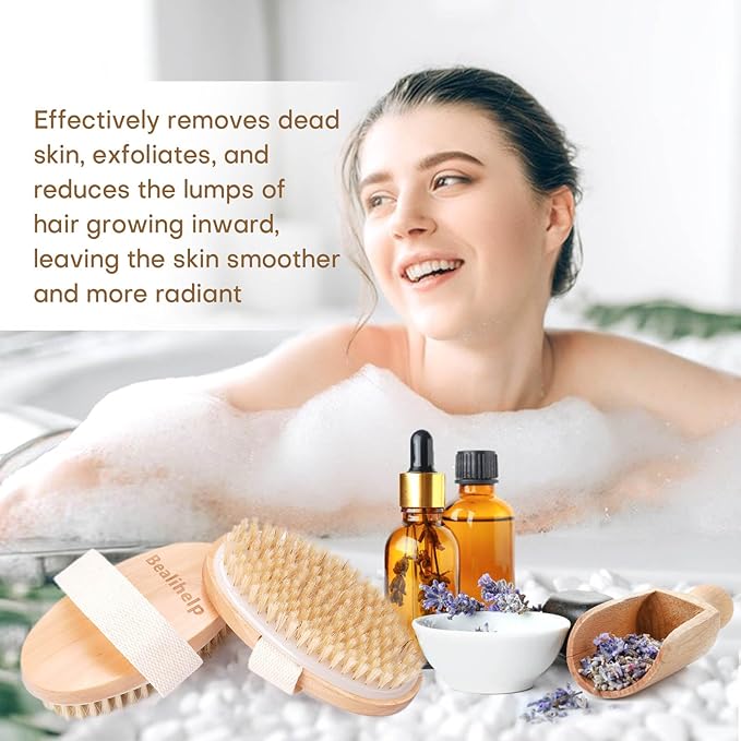 2 Pack Dry Brushing Body Brush, Natural Bristle Exfoliating Brush with Massage Nodes, for Lymphatic Drainage and Improving Skin Health and Reduces Acne