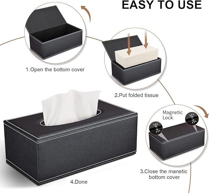 Tissue Box Cover Rectangular, PU Leather Tissue Box Holder for Kleenex, Napkin, Tissue Box Cover Rectangle, Tissue Holder for Bathroom Car Home Decorative 9.84"X5.63"X4.53" - Black