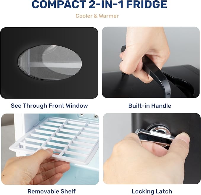 HealSmart 4L Mini Fridge with Observation Window, 6 Can Capacity, Freon-Free and Portable Cooler and Warmer, Cosmetics/Food/Beverage, Black New