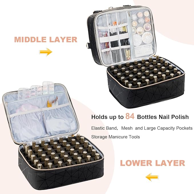 Uross Nail Polish Organizer Bag Holds 84 Bottles Nail Polish & Nail Lamp, Gel Nail Polish Organizers and Storage box for Nail Tech, Nail Kit Supplies Organizer Case-Black