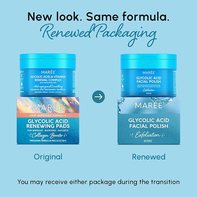 MAREE Glycolic Acid Pads - Toner Pads for Face Cleansing - Exfoliating Pad with Tea Tree Oil, Salicylic Acid & Vitamins E, B3, B5 - Facial Polishes & Peels, Skin Pore Resurfacing & Radiance - 50 Count