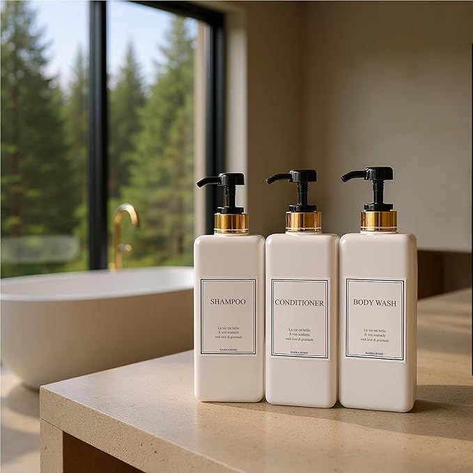 Modern Gold Design Shampoo and Conditioner Dispenser - Large 27oz Shower Soap Dispenser, Set of 3 Refillable Empty Plastic Pump Bottles for Bathroom and Body Wash (6 Waterproof Labels Included), Black