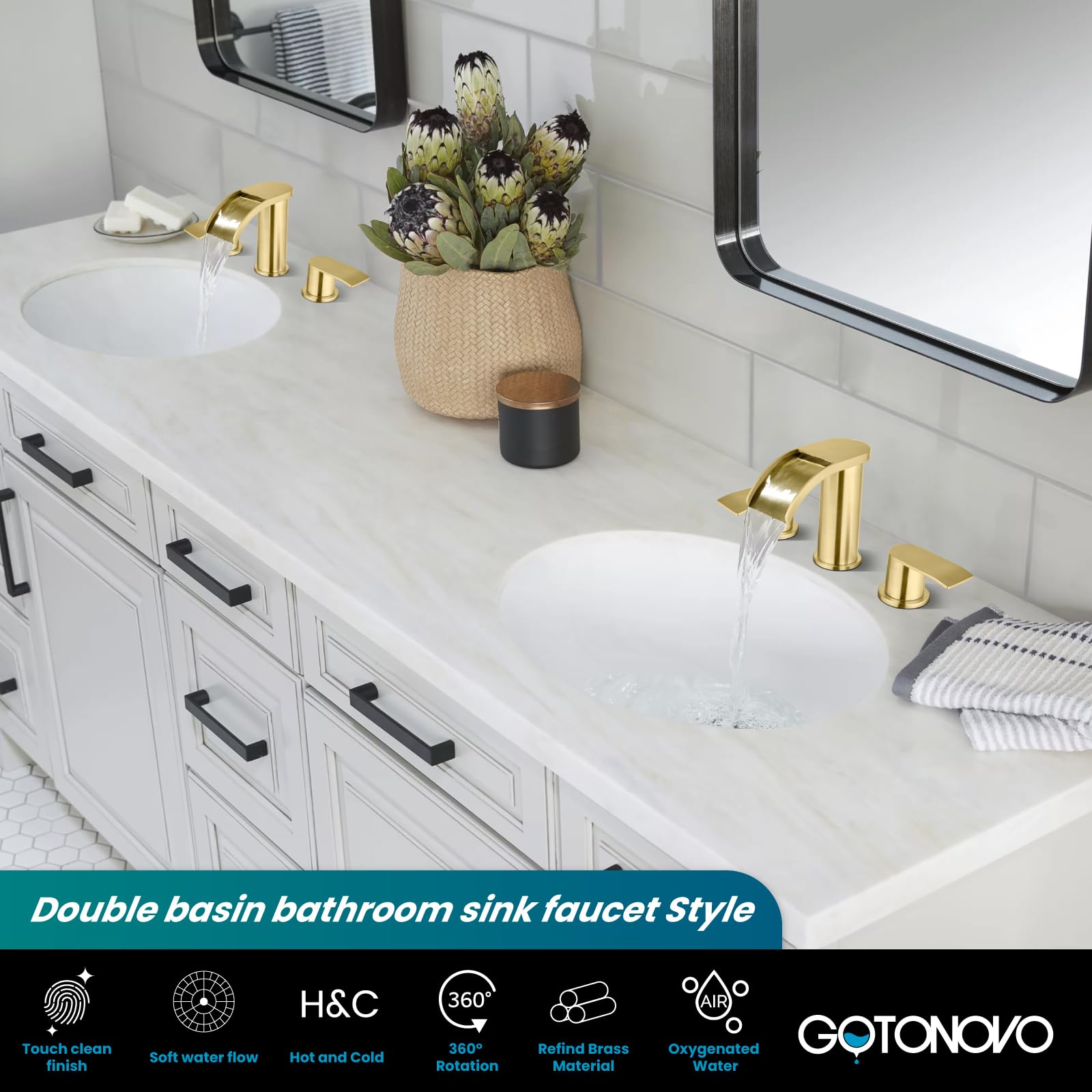gotonovo Waterfall Bathroom Faucet 3 Hole Round Body,Brushed Gold