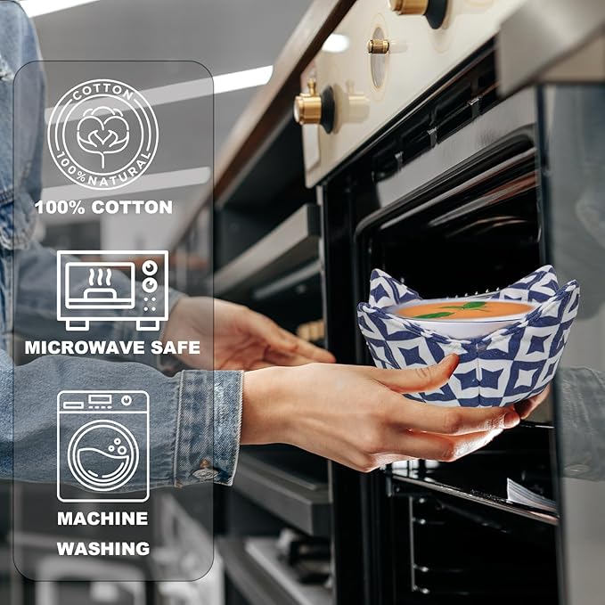 ROGITU Cotton Microwavable Bowl Cozy, Microwave-Safe Hot Bowl Holders, Soup bowl Cozy Hot Pads (Blue Series)