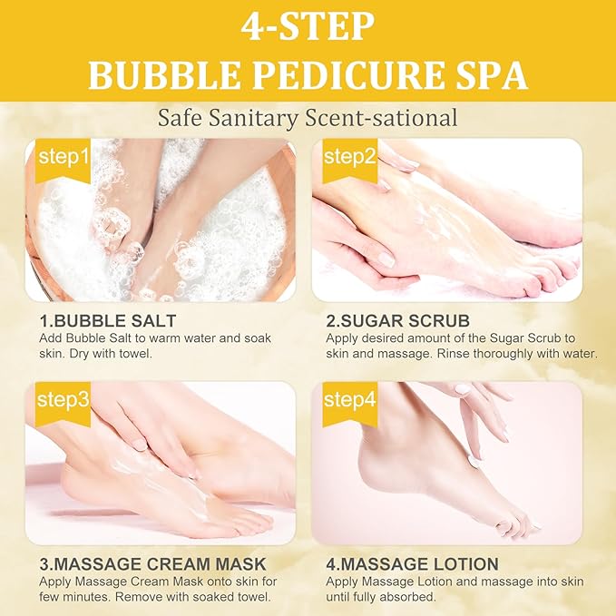 nbc BeautiLab Pedicure Kit Foot Soak Set: Bubble Salt, Sugar Scrub, Massage Mask, Massage Lotion in a Box, 4 Step Foot Spa Kit for Dry Feet,Tired Feet （1 Set Mango)