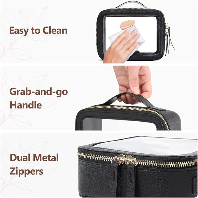 PACKISM Structured Clear Makeup Bag - Faux Leather Cosmetic Pouch with Reinforced Frame, Stand-Up Toiletry Organizer for Purse & Car Console, Medium Black