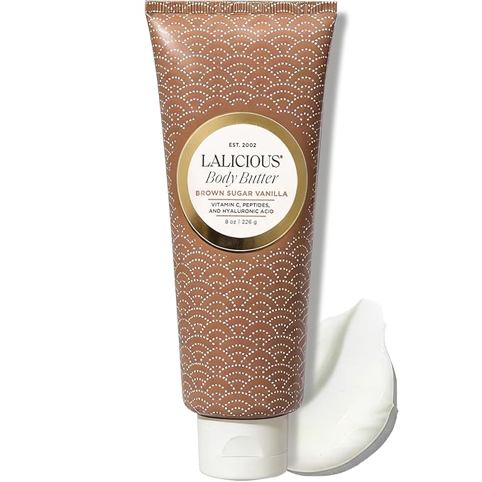 LALICIOUS Brown Sugar Vanilla Whipped Body Butter 8oz | Ultra-Hydrating Shea Butter Cream with Hyaluronic Acid, Vitamin C & Peptides | Deep Moisturizing Lotion for Dry Skin | Non-Greasy