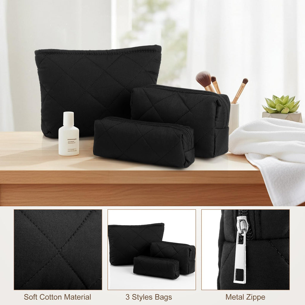 Paterr 3 Pcs Quilted Makeup Bag Set Back to School Favor Small Bridesmaid Cosmetic Bag Aesthetic Travel Pouch Cute Purse Pencil Case Makeup Storage Organizer for Women Birthday Gift(Cotton,Black)