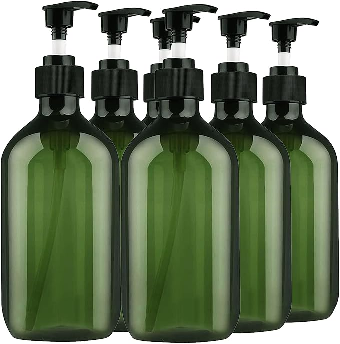 Empty Plastic Bottles with Pump Dispenser, 500ml/16.9oz (Green, 6 Pack)