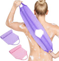 2 Pack Exfoliating Back Towel Scrubber for Shower, Nylon Exfoliating Back Washer for Shower for Women with Handles, Stretchable Pull Strap Bath Scrubber for Women Men Clean Skin Deeply(Pink, Purple)